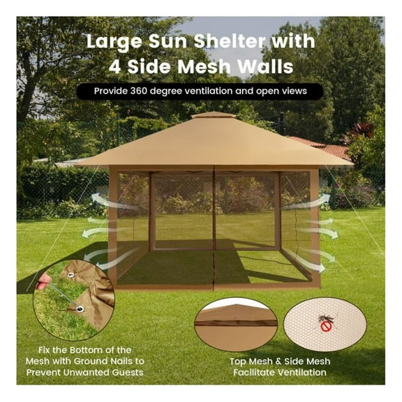 13x13 Pop-up Gazebo Canopy Tent with Mesh Walls, Adjustable 8-10ft Outdoor Shade for Patio, Party, Camping - UV50+ Waterproof Oxford Fabric, Wind Resistant with Stakes