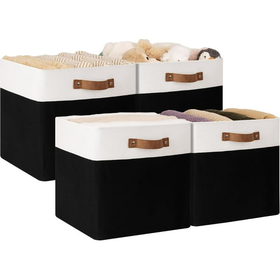 13x13 Storage Cubes, Collapsible Storage Bins Organizer for Closet, Fabric Storage Box with PU Handles, Black and White, 4-Pack