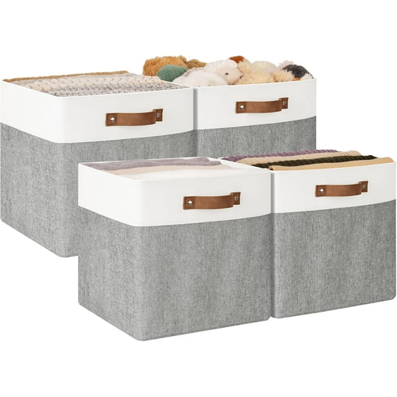 13x13 Storage Cubes, Collapsible Storage Bins Organizer for Closet, Fabric Storage Box with PU Handles, Grey and White, 4-Pack