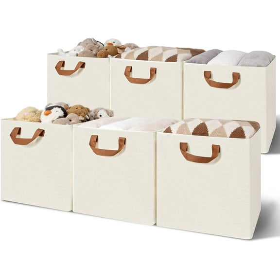 13x13 Storage Cubes, Cube Storage Bins with Metal Frame, Foldable Cube Storage Organizer, Closet Storage Baskets, Storage Cube Bins, Storage Bins for Shelves, Ivory, 6 Pack