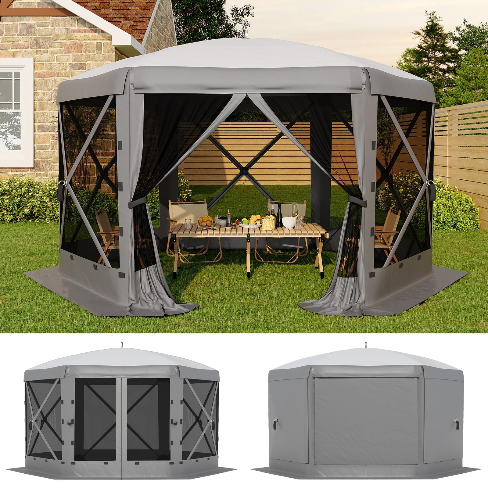 13x13FT 6-Sided Pop Up Canopy Tent，One-Push Setup Canopy Tent with Removable Canopy Top & Wind Cloths, Outdoor shelter for Camping, Backyard Parties, Outdoor Events - Grey