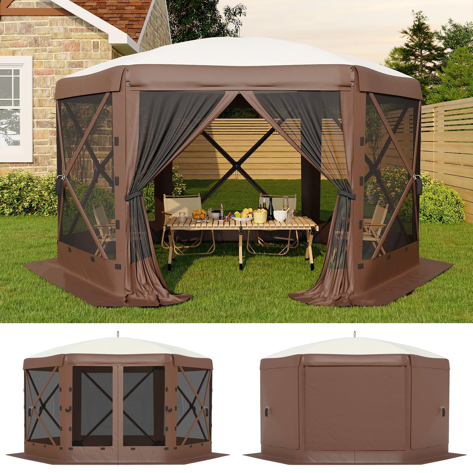 13x13FT 6-Sided Pop Up Canopy Tent，One-Push Setup Canopy Tent with Removable Canopy Top & Wind Cloths, Outdoor shelter for Camping, Backyard Parties, Outdoor Events - Khaki