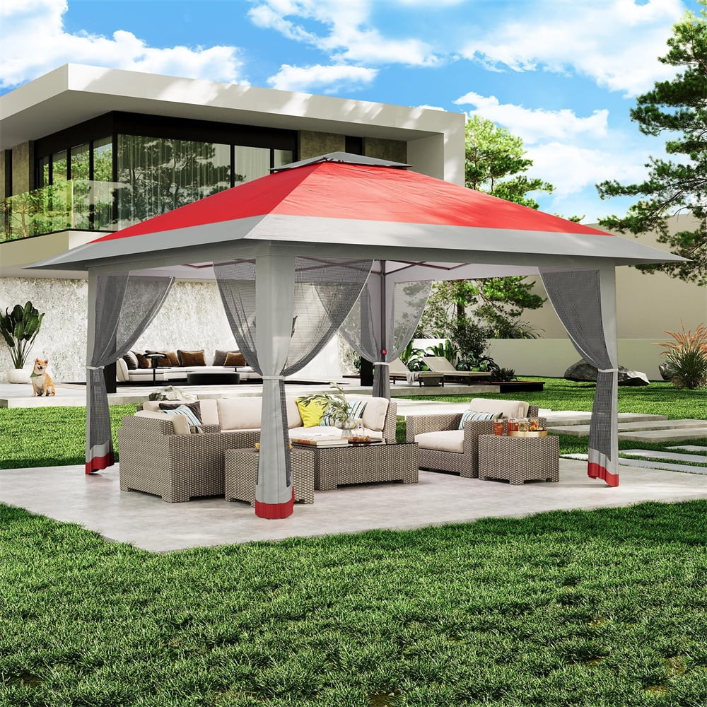 13x13Pop-Up-Gazebo Outdoor Canopy Tent with Mosquito Netting, [Adjustable Height & Spacious] Pop Up Tent with Double Roof, UV-Resistant Outdoor Gazebo for Backyard, Patio, Lawn, Garden, Deck