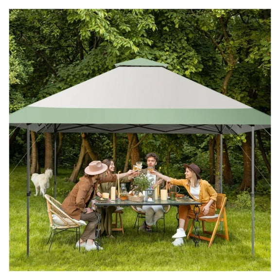 13x13ft Pop-Up Canopy Tent, Patio Gazebo with Shelter & Wheeled Bag, UV 50+ & Flame Resistant, Adjustable Height, Steel Frame, for Outdoor Events & Parties - Green/Gray