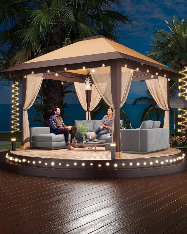 13x13ft Pop Up Gazebo with Mosquito Net & Double Roof, Adjustable Height Pop Up Canopy, UV-Resistant Patio Canopy for Patio Backyard Garden