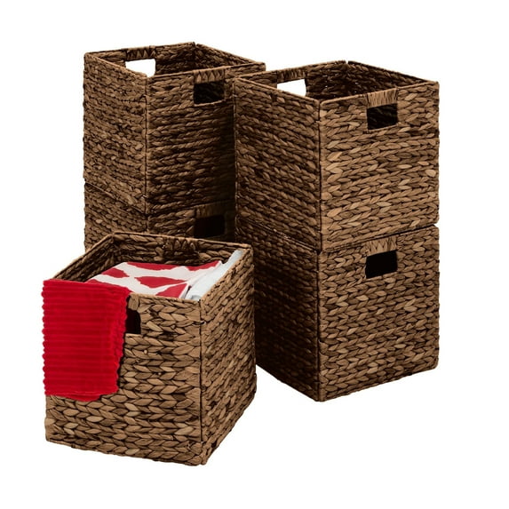 13x13in Hyacinth Baskets, Rustic Set Of 5 Multipurpose Collapsible Storage Organizer, Handwoven Laundry Totes for Bedroom, Living Room, Bathroom, Shelves - Brown