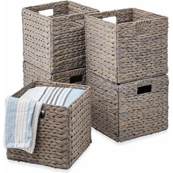 13x13in Hyacinth Baskets, Rustic Set Of 5 Multipurpose Collapsible Storage Organizer, Handwoven Laundry Totes for Bedroom, Living Room, Shelves - Gray