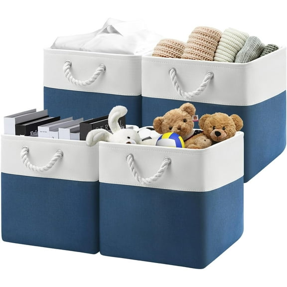 13x13x13 Cube Storage Bins,4 Pack Large Foldable Fabric Storage Cubes with Handles for Organizing Home, Closet, Shelf, Office(White&Blue)