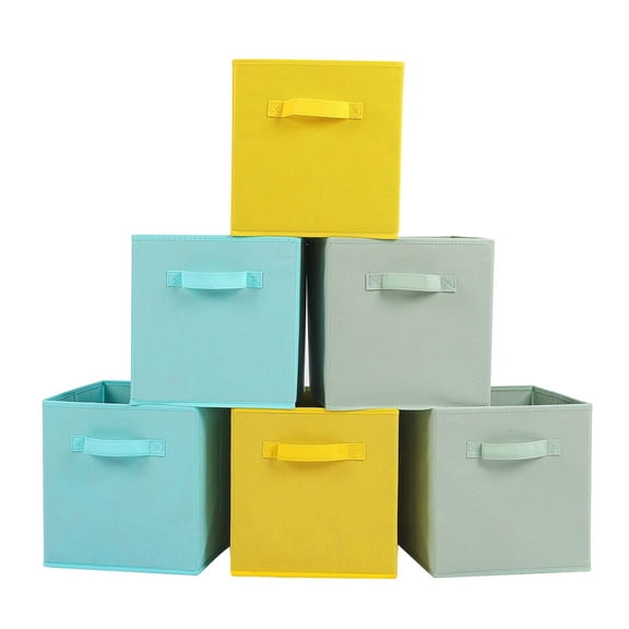 13x13x13 Inch Fabric Storage Bins 6 Pack Fun Colored Storage Cubes with Handles Foldable Cube Baskets for Home, Kids, Closet and Toys Organizer, Cyan, Green, Yellow