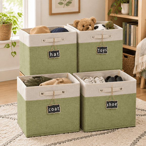 13x13x13 Inch Large Foldable Fabric Linen Cube Storbins【4-pack】 Withton Handles Closet Bfor Cabinet Shelves Home Organization And