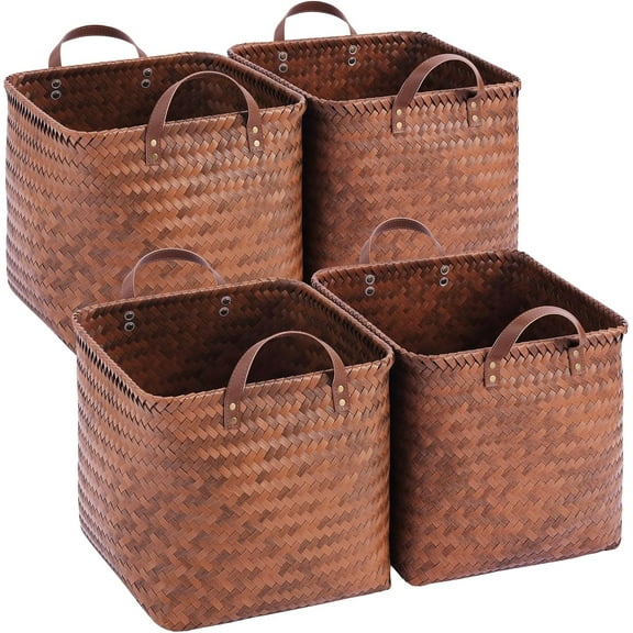 13x13x13 Laundry Baskets Hampers,Wicker Storage Baskets for Shelves,Woven Basket for Blankets,Toy,Clothes, Organizer Storage Bins with Handles,Set of 4-Brown