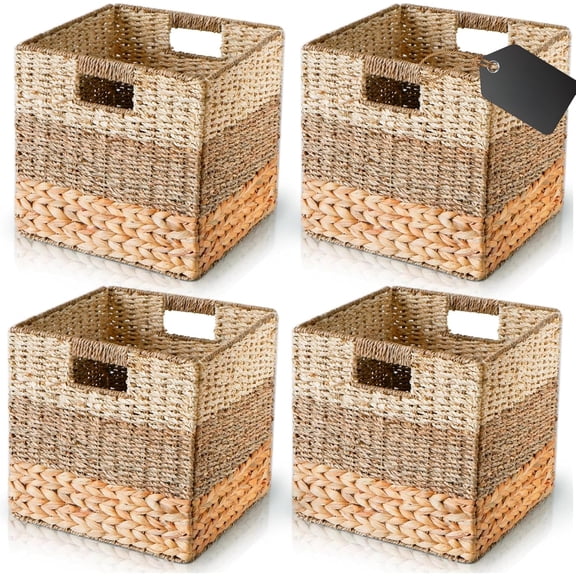 13x13x13 Storage Cube Bins Wicker Storage Basket for Cube Shelf, Natural Foldable Square Baskets for Storage, Large Woven Cube Storage Bin with Handle, Baskets for Pantry, Bedroom Set of 4