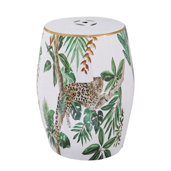 13x13x18 Inch Jungle Print Ceramic Garden Stool White Green Leopard Plant Pattern Multipurpose Accent Side Table Ottoman