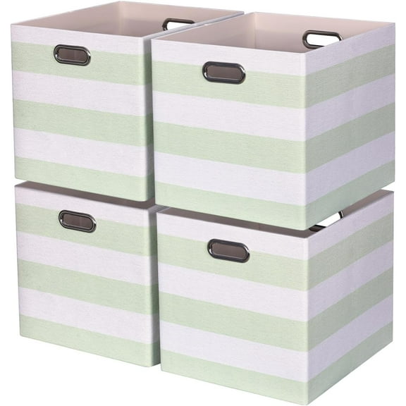 13x15x13 Storage Cube Bins, Foldable Storage Cubes, Fabric Organizer Basket Bin, Striped Containers Decorative Storage Boxes for Shelves Wardrobe Closet Home Office, 4 Pack, Green/White