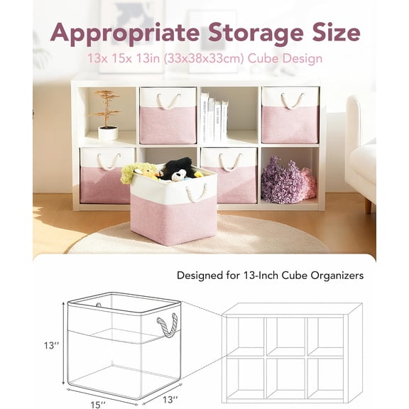 13x15x13 Storage Cube Bins, Heavy Duty Foldable Fabric Storage Bins with Handles and Metal Frame, 6 Pack Large Closet Organizer Bins for Clothes, Socks, Towels, White Pink