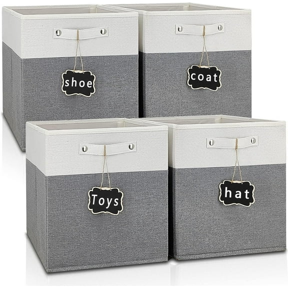 13x15x13 storage cube bins 4 Pack,Collapsible Fabric Storage Cubes with Labels,Linen Cube Storage Organizer Bins with Cotton Handles,Square Storage Cubes for Home,Office,Clothes,Cabinet(White Grey).