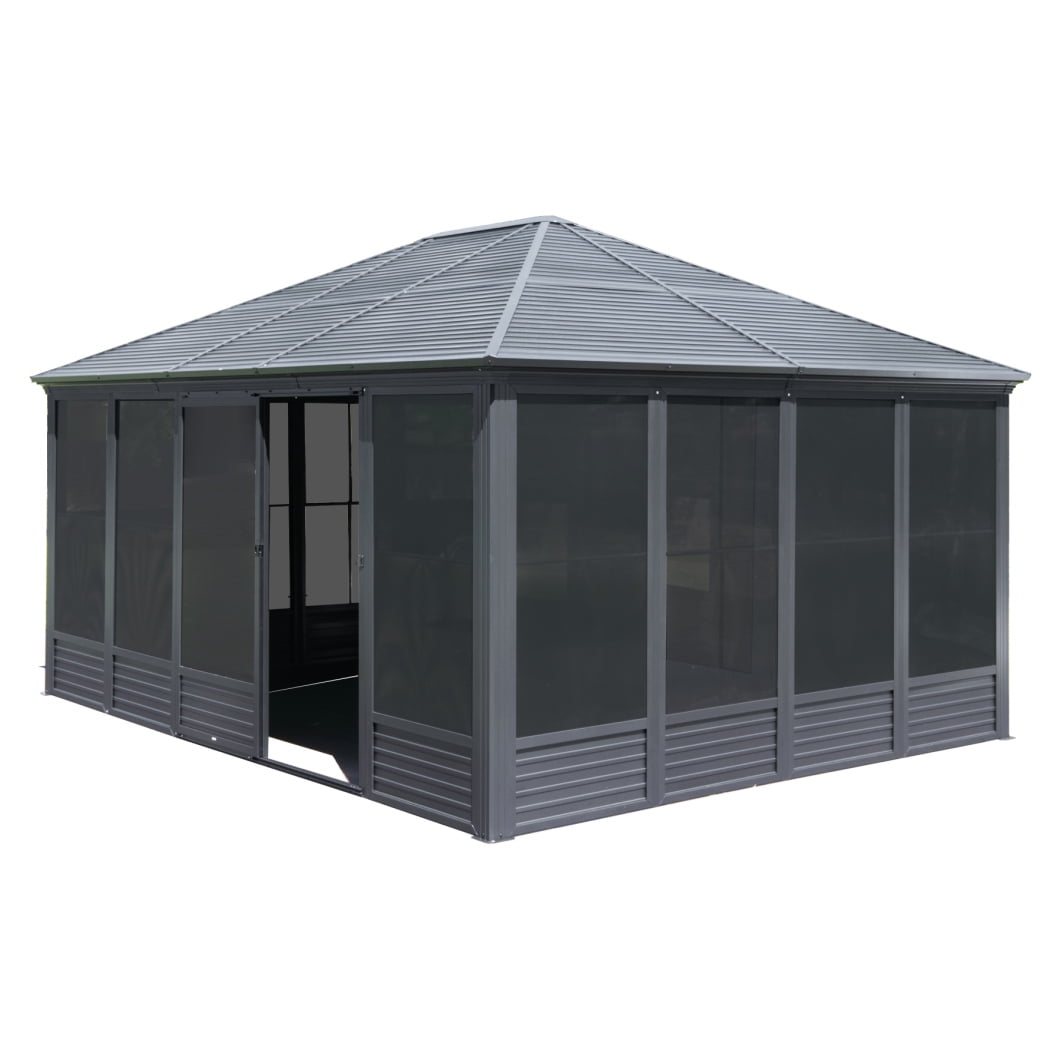 13x16.5 FT Sunroom, Outdoor Solarium Aluminum Hardtop Gazebo with Galvanized Steel Roof, All Season Movable Pvc Screen Walls, Sliding Doors, Sun Room Pavilion Gazebo for Patio Deck Backyard, Gray