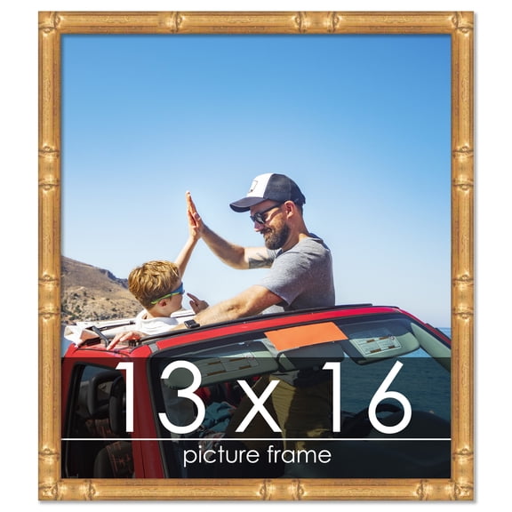 13x16 Gold Thin Bamboo Picture Frame - UV Acrylic, Foam Board Backing, Hanging Hardware