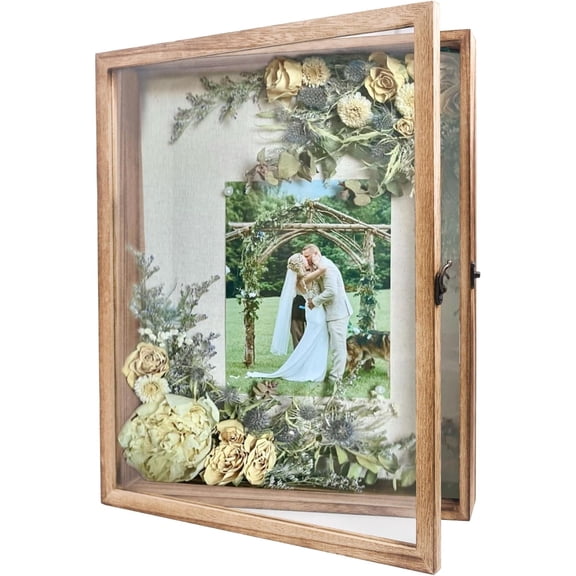 13x16 Display Case with Linen Back, Real Glass Window Door with Hinge, Picture Frame Wedding Bouquet Memorabilia Medals Photos Memory Box for Keepsakes, Carbonized Black