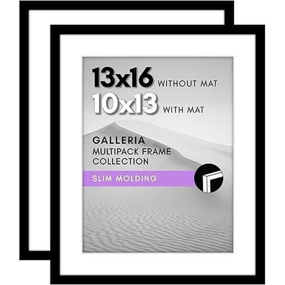 13x16 Picture Frame with Polished Plexiglass - Set of 2 - Use as 10x13 Frame with Mat or Display 13x16 Photo Without Mat - Galleria Collection - Picture Frames for Wall Display - Black