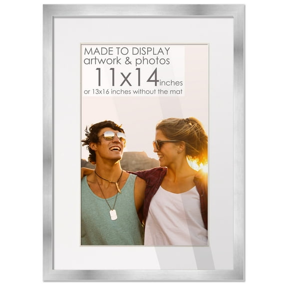 13x16 Silver Picture Frame with 10.5x13.5 White Mat Opening for 11x14 Image, 0.75 Inch Border, UV