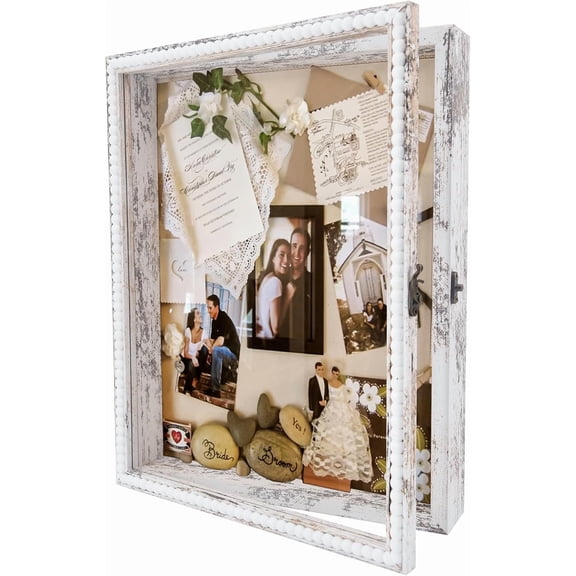 13x16 Wedding Shadow Box Display Case with Door - Deep Depth Picture Frame for Bouquet Memorabilia Medals Photos Large White Unique Design Beads