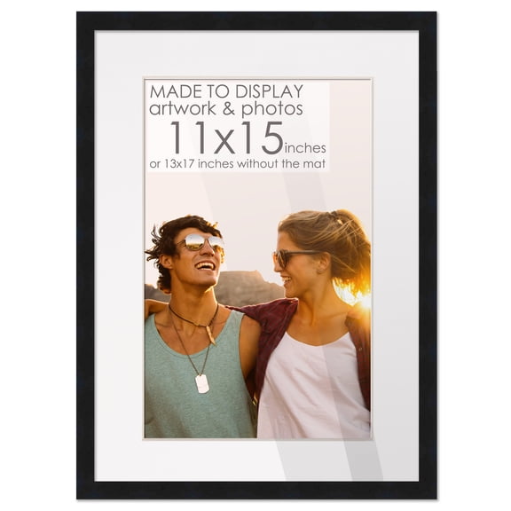 13x17 Black Picture Frame with 10.5x14.5 White Mat Opening for 11x15 Image, 0.75 Inch Border, UV