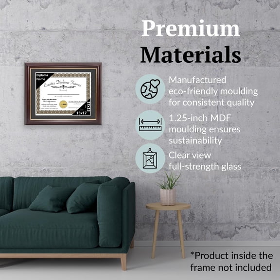 13x17 Mahogany Gold Rim Diploma Frame with Black Mat Glass and Installed Wall Hangers | Frame Holds 16x20 Media without Mat