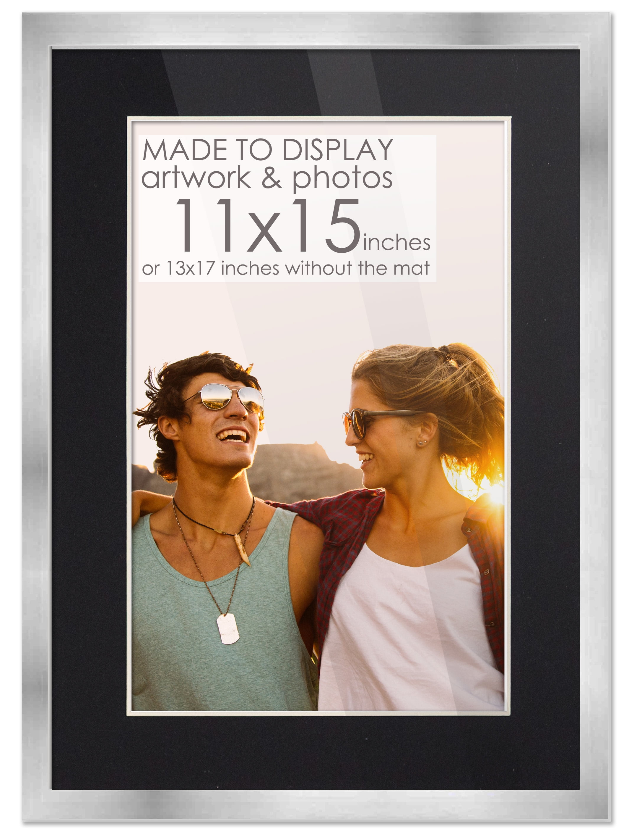 13x17 Silver Picture Frame with 10.5x14.5 Black Mat Opening for 11x15