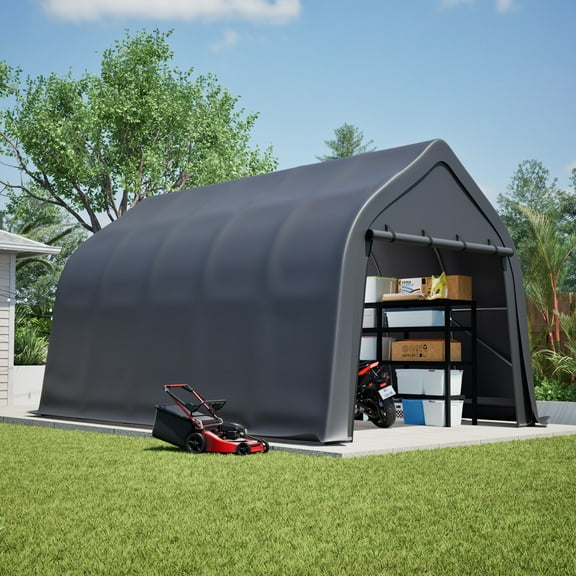 13x20 FT Heavy Duty Carport, Portable Garage Canopy with Steel Frame & Roll-Up Door, Round Style Outdoor Storage Shed for Car, Truck, Boat, Patio, Anti-Snow Waterproof, Grey