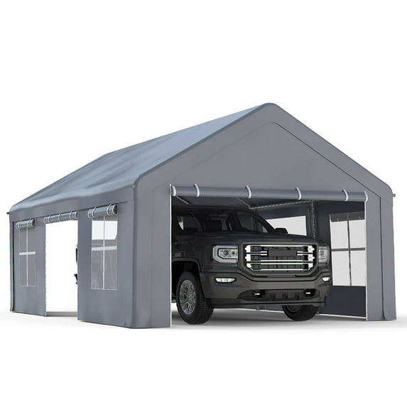 13x20 Ft Carport Portable Garage, Heavy Duty Car Port with 3 Roll-up Doors & 5 Windows, Gray