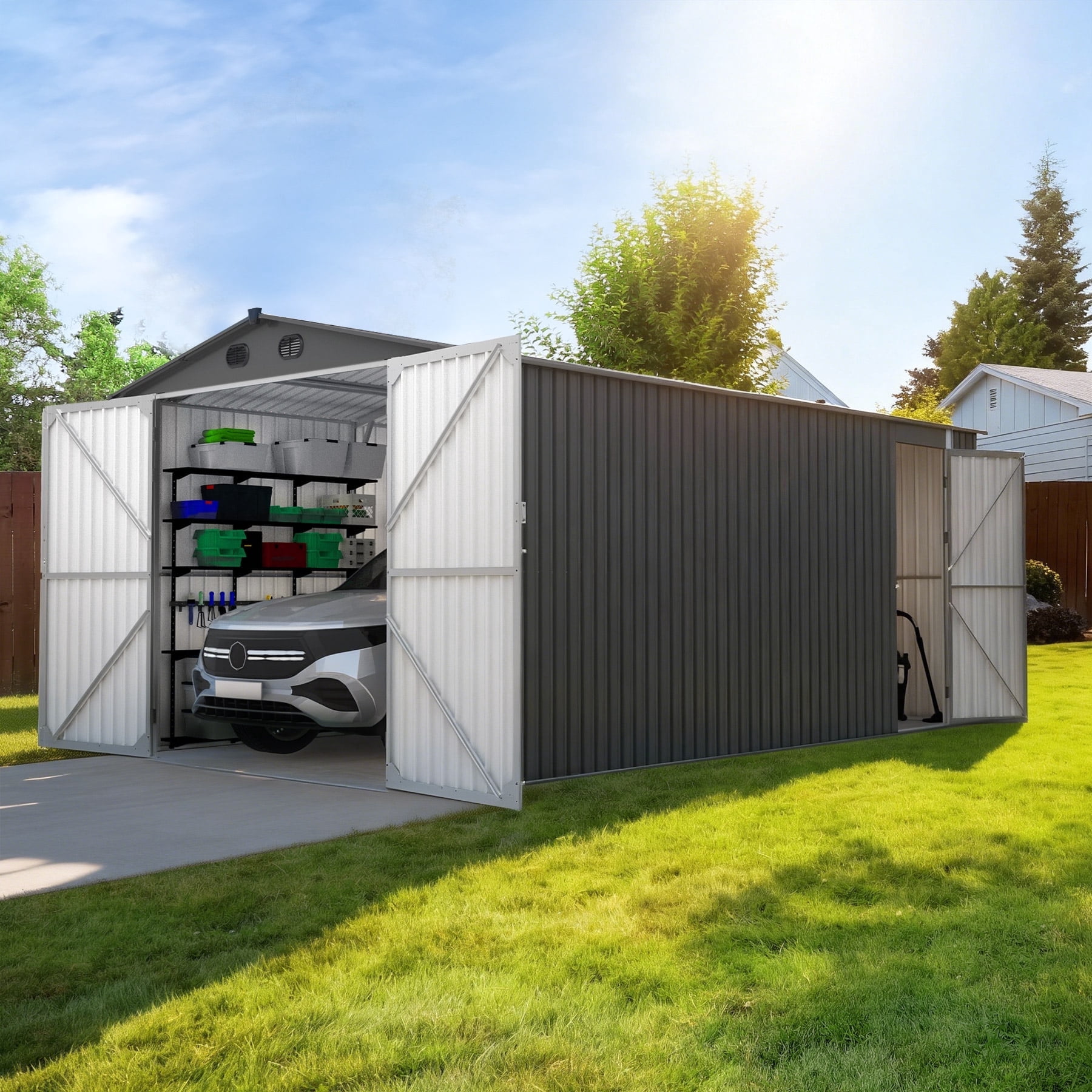 13x20 Ft Outdoor Metal Garage Shed, Extra Large Storage Shed with Double Hinged Doors, Carport for Car, Truck, Bicycle and Garden Equipment, Dark Gray