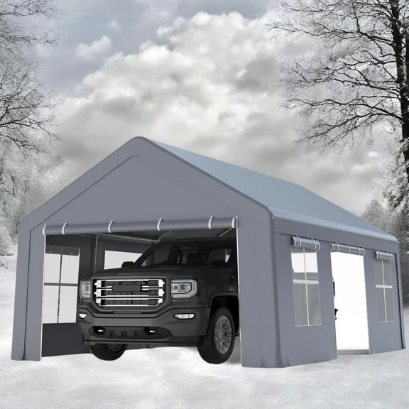 13x20 Heavy-Duty Carport Portable Garage with 3 Roll-Up Doors & 5 Windows Waterproof UV-Resistant Powder-Coated Steel Frame Gray