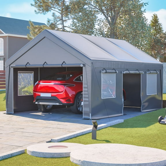13x20 ft Heavy Duty Canopy Portable Garage, Carport Party Tent with Side-Opening Door & Roll-Up Windows, Car Canopy for Truck, Car, Boat, Gray