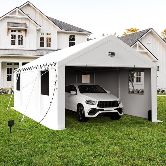 13x25 Heavy Duty Carport, Portable Car Canopy with Sidewalls and Roll-Up Door, All-Weather Outdoor Car Shelter with Reinforced Steel Frame, White