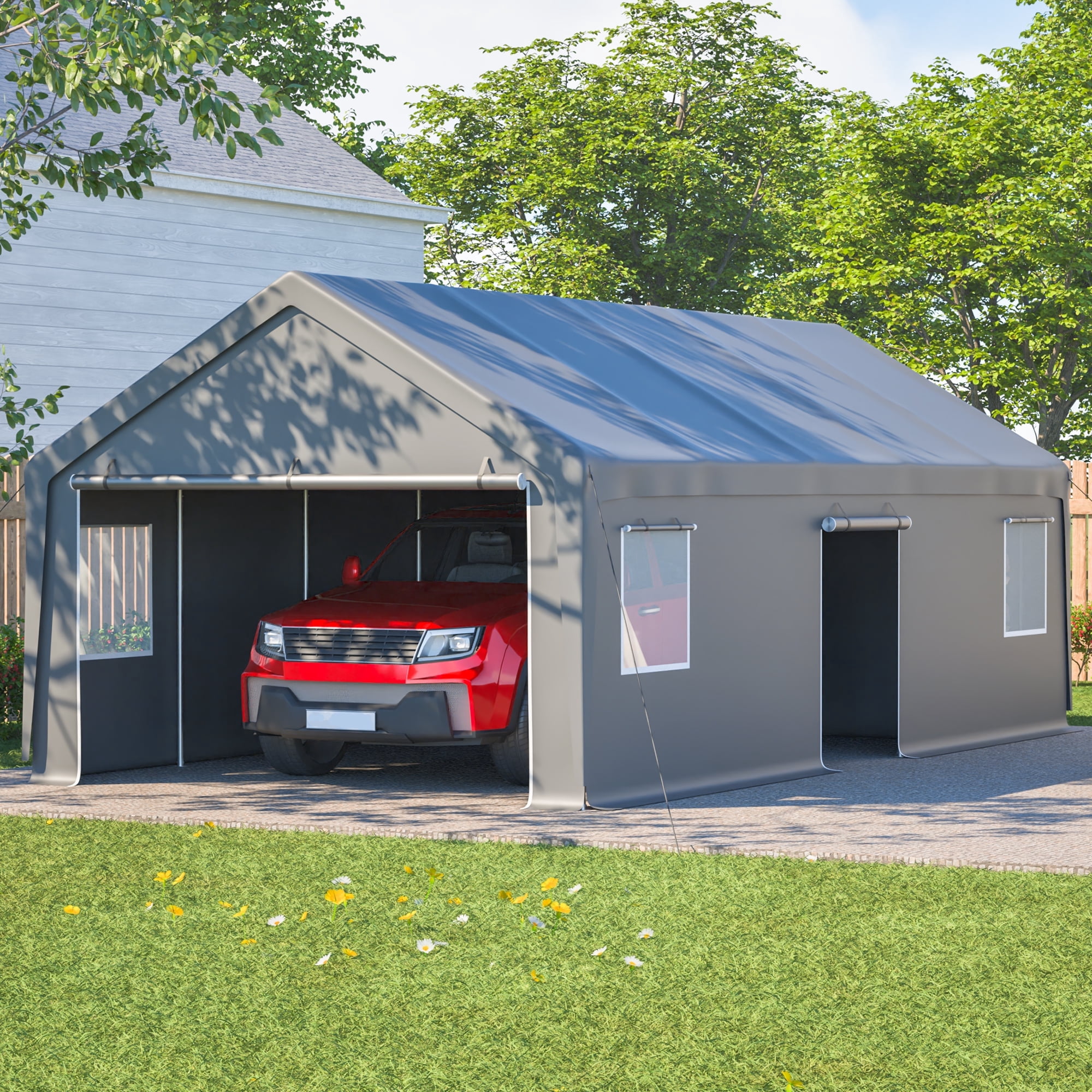 13x26 FT Heavy Duty Carport Canopy - Portable Garage with 2 Roll-Up Doors + Side Door, All-Weather Shelter for Cars, Trucks, Boats & Equipment, 180G PE Cover (12-Leg Frame)