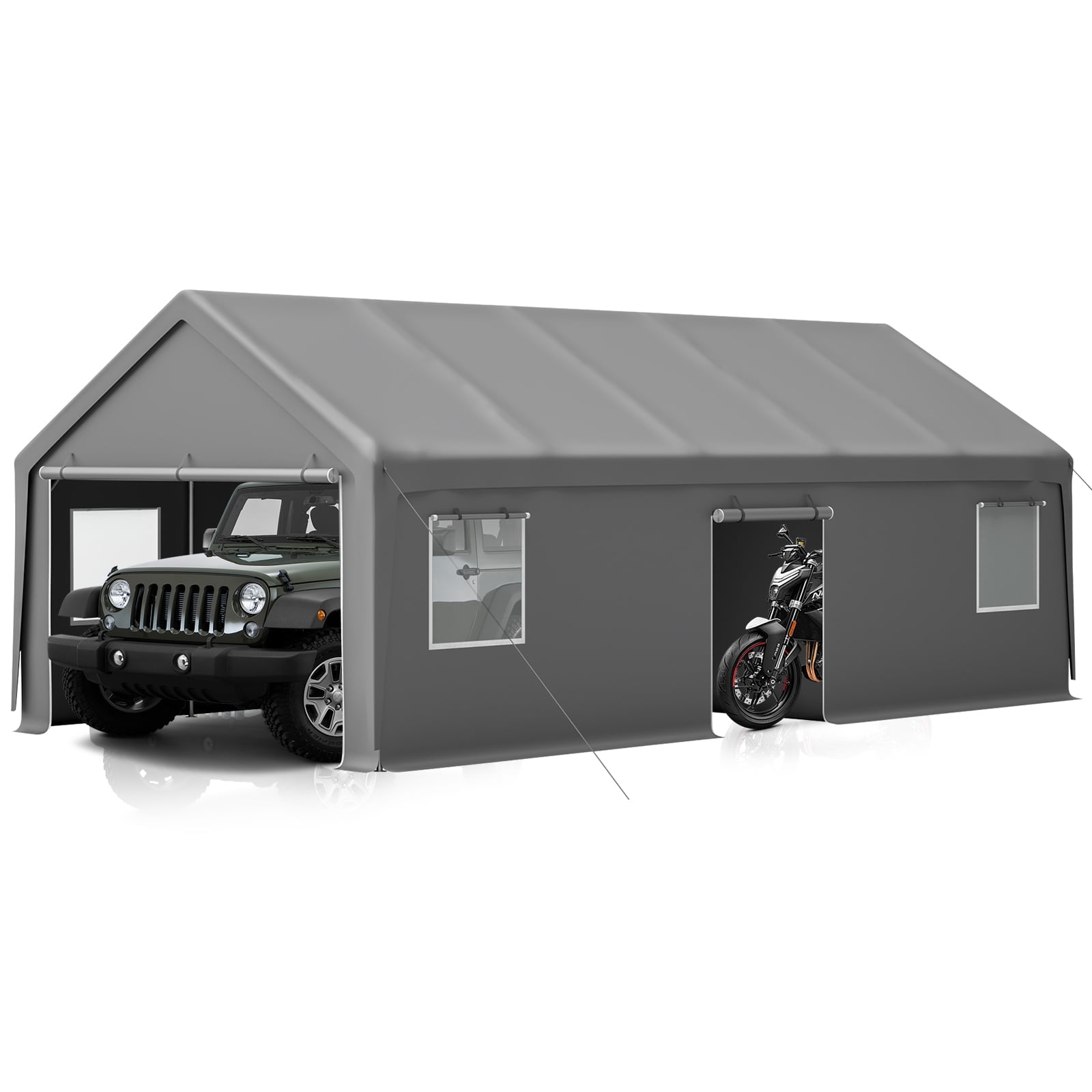 13x26 ft Heavy Duty Carport Canopy with Roll-up Ventilated Windows & Doors, Side Door Portable Garage with Metal Frame, Car Canopy with Waterproof & UV-Resistant for Car, Truck, Boat - Grey