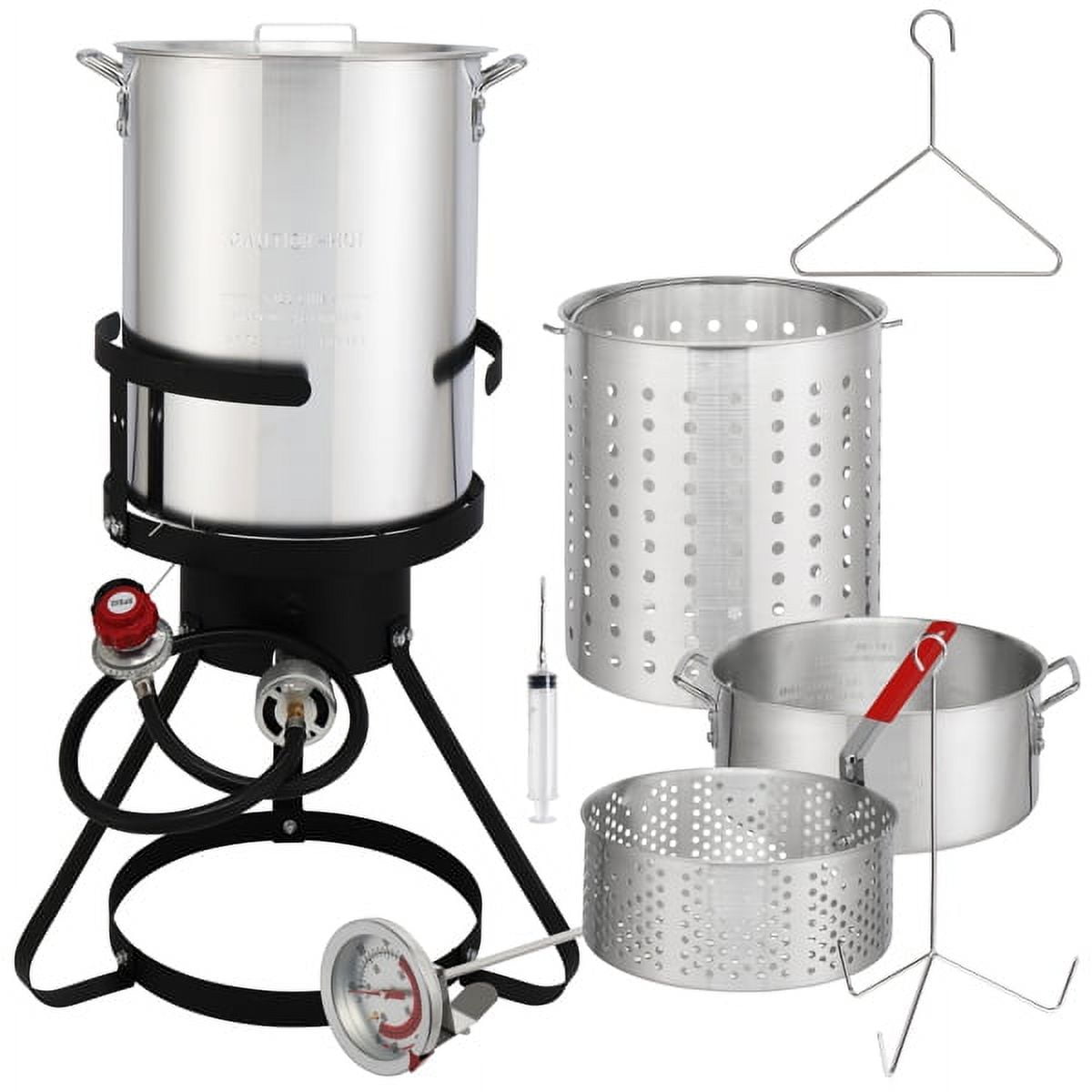 13x32inch Four-Piece Set, Black Round Iron Stove Frame, Silver Aluminum 30qt Turkey Pot 10qt Fish Pot, Gas Fryer