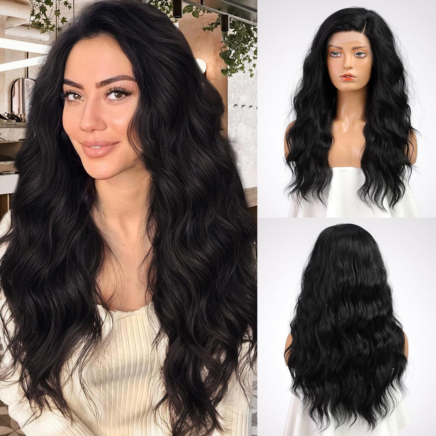 13x4 1B Black Side Parting Long Curly Wigs HD Lace Front Wig Pre ...