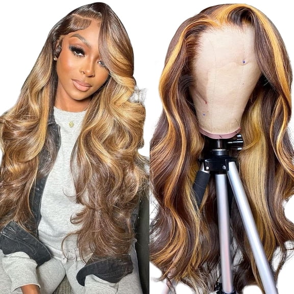 13x4 Highlight Ombre Lace Front Wig Human Hair Pre Plucked 4/27 Honey Blonde HD Transparent Colored Lace Frontal Wigs For Women with Baby Hair 180% Density Body Wave Lace Front Wig (22 Inch)