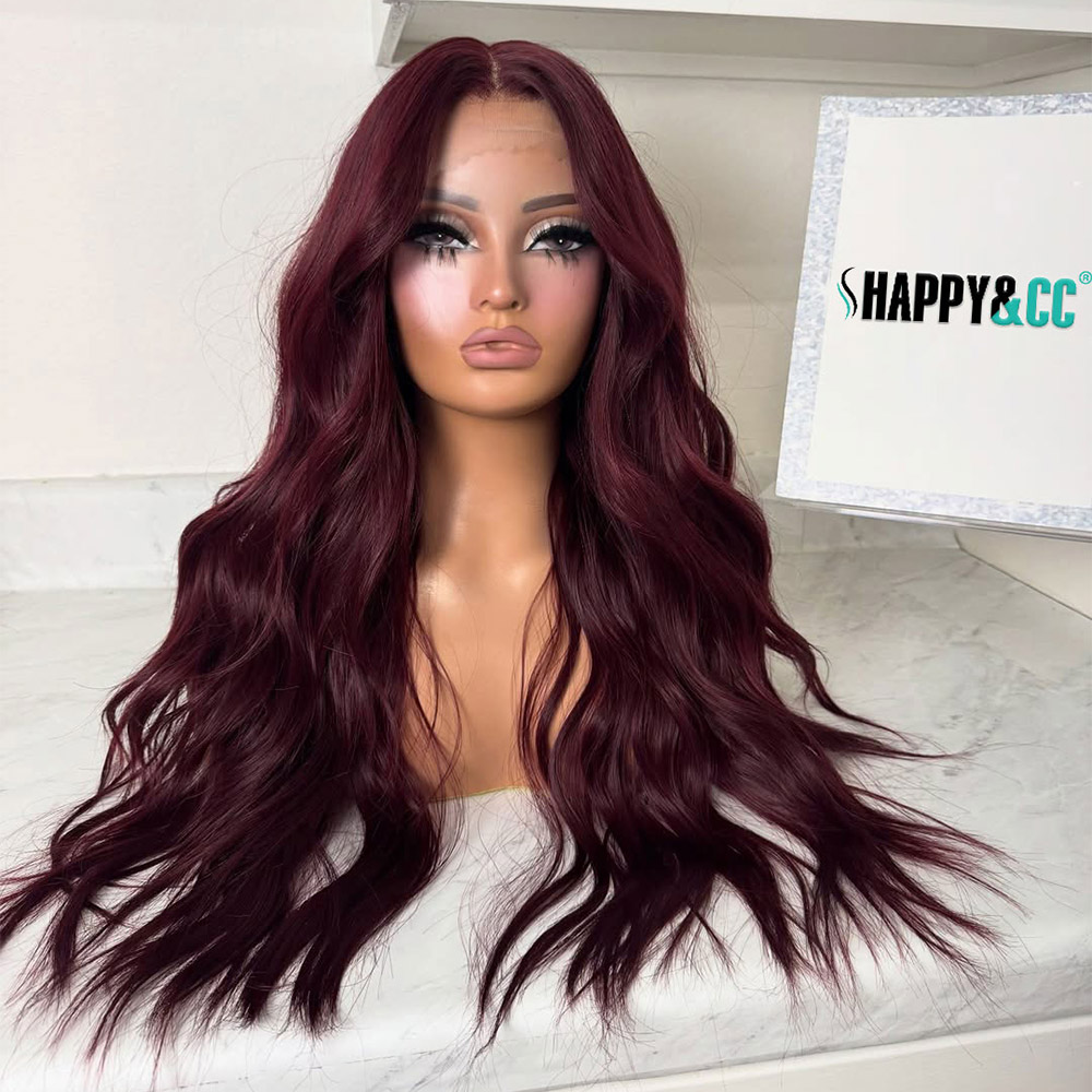 13x4 Lace Front Wig Burgundy Pre Plucked Natural Wave Synthetic Wigs for Women 26inch Beginner Friendly