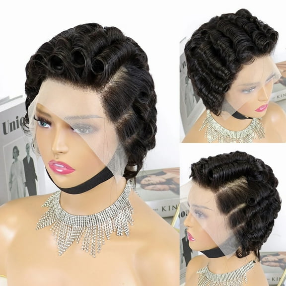 13x4 Lace Frontal Human Hair Wigs Short Pixie Cut Wig for Black Women Black Short Bob Wave Curly Wigs Brazilian Remy Hair Lace Front Wigs