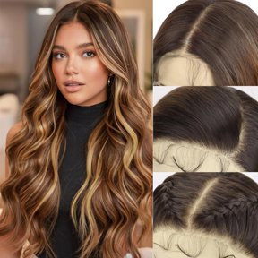 13x4 Synthetic Lace Front Wig Preplucked with Baby Hair Long Wavy Amber Brown with Highlight Wig Glueless 26 Inch Suitable for Festivals and Everyday Use