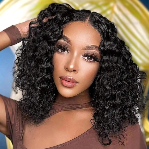 13x4 Water Wave Lace Front Human Hair Bob Wigs Pre Plucked Short 13*4 Lace Front Bob Wig Human Hair for Black Women 150% Density Lace Frontal Wavy Wigs HD Transparent Lace Bob Wigs (10 Inch)