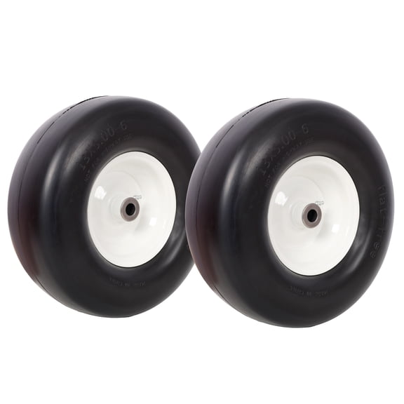 13x5.00-6" Flat Free Lawn Mower Tires,Zero Turn Mower Replacement Solid Tire, Smooth Tread, 3/4" Bearing 3" Central Hub, 500 LB Load capacity per pc. 2 PCS/ PACK