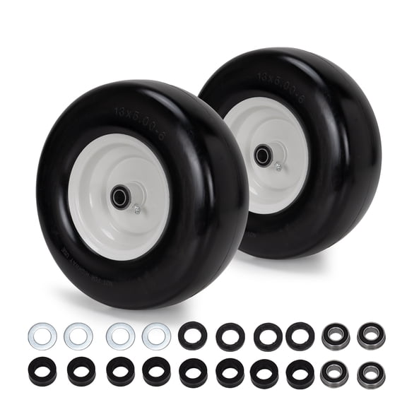 13x5.00-6 Flat Free Smooth Tire for Zero Turn Mowers, 2 Pcs Wheel Assembly, Adjustable Hub