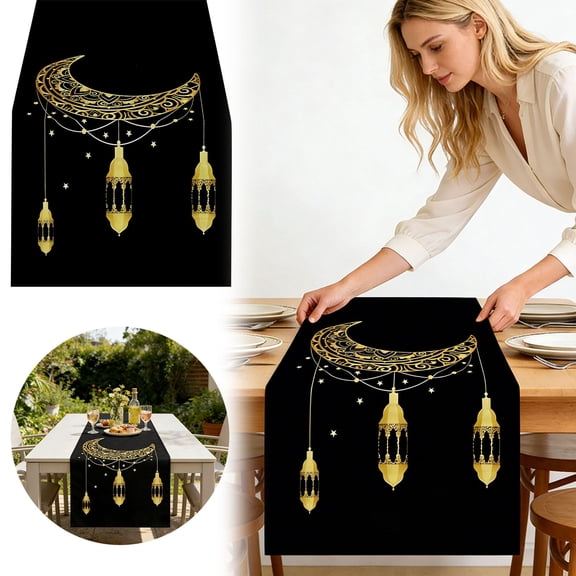 13x59IN Ramadan Table Runner with Crescent Moon & Lantern Design, Polyester Easy-Clean Tablecloth for Eid, Holiday Party & Home Celebration, Indoor & Outdoor Dining Decor