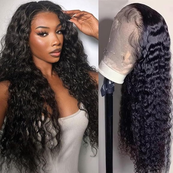 13x6 Deep Wave Lace Front Wigs Human Hair 200 Density 26 Inch HD Lace Deep Wave Frontal Wigs Pre Plucked with Baby Hair Deep Curly Glueless Wigs Wigs for Women Natural Black