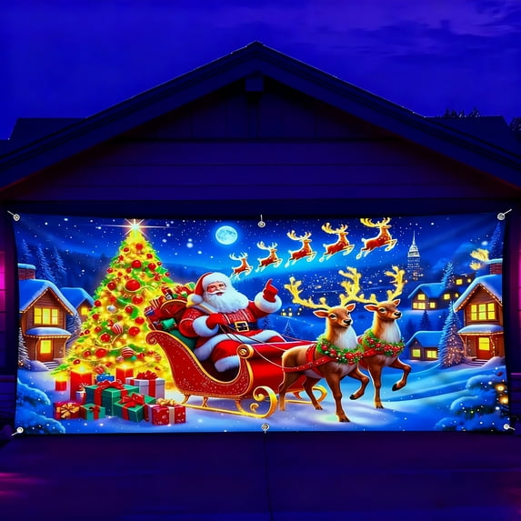 13x6 FT UV Activated Christmas Garage Door Cover Banner, Glows in Dark 2D Flat Holiday Garage Door Covers with Merry Christmas Slogan, Xmas Outdoor Indoor Party Decoration (A)