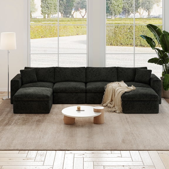 13x6 Feet Boneless Sectional Couch, U-Shaped Cloud Sofa, 4 Seater Modular Memory Foam Couch for Large Room, Black
